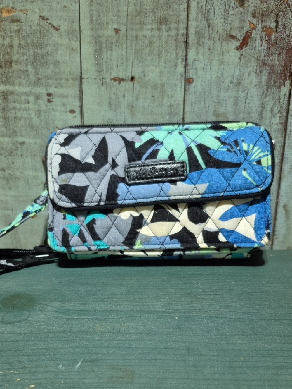 Vera Bradley Quilted Floral Wristlet in Blue, Turquoise, Black, Gray